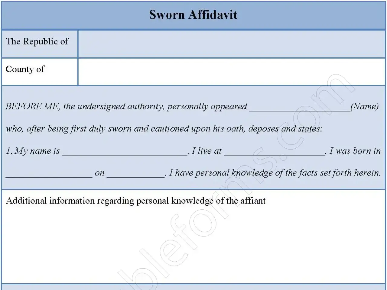 Sworn Affidavit Fillable PDF Form