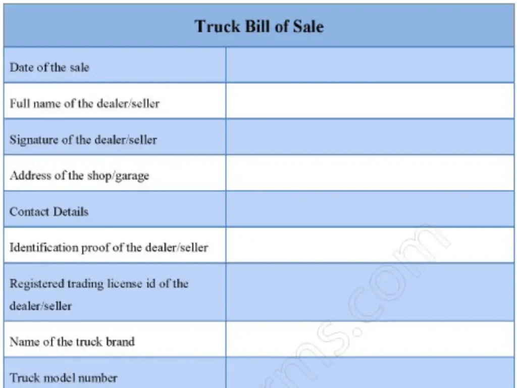 Truck Bill of Sale Fillable PDF Form