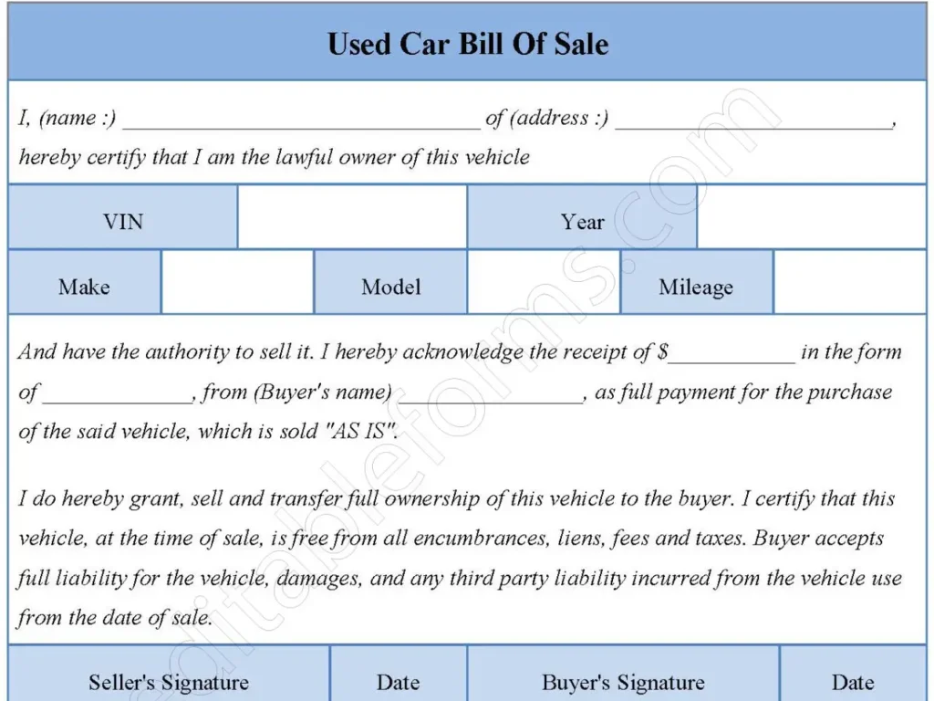 Used Car Bill Of Sale Fillable PDF Form