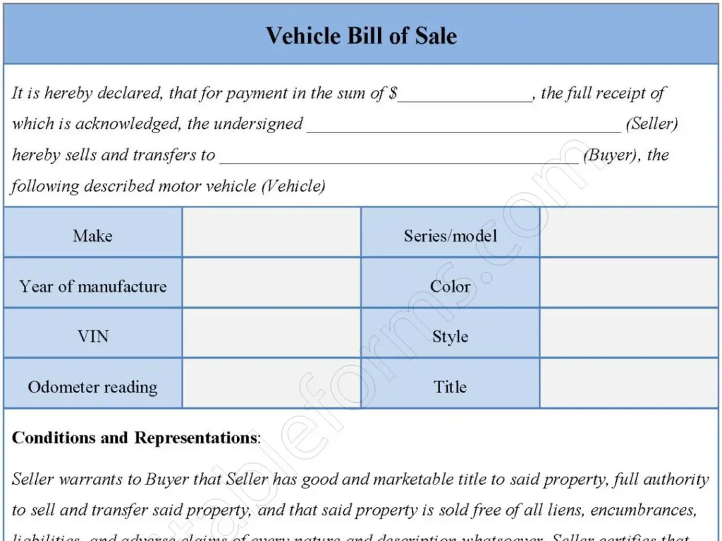 Vehicle Bill of Sale Fillable PDF Form