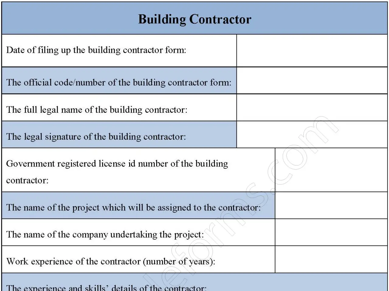 Building Contractor Fillable PDF Form