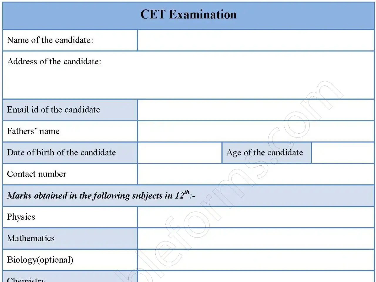 CET Examination Fillable PDF Form