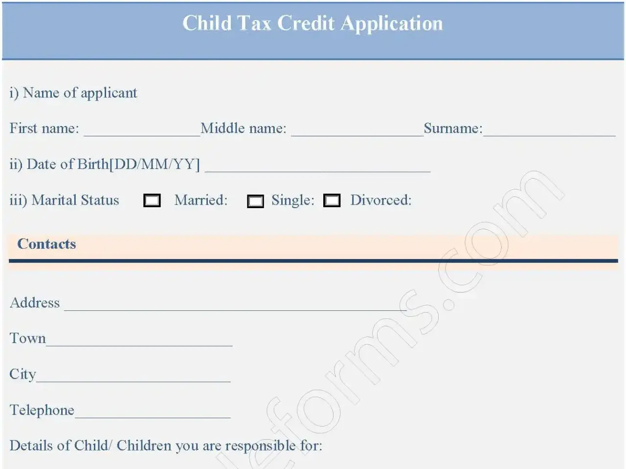 Sample Child Tax Credit Application Fillable PDF Form