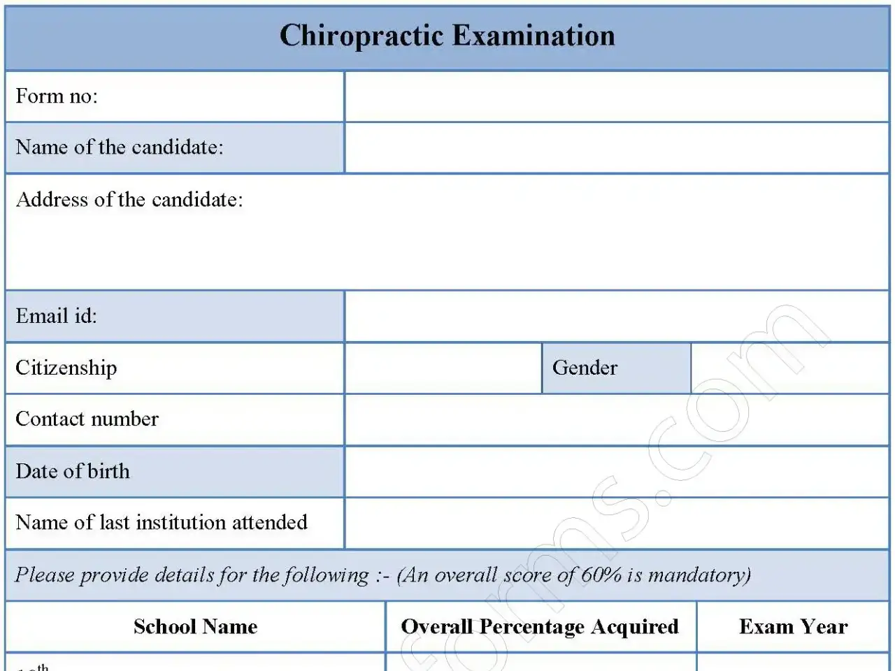 Chiropractic Examination Fillable PDF Form