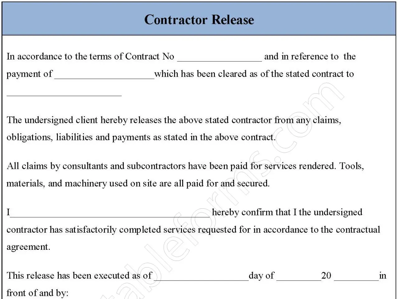 Contractor Release Fillable PDF Form