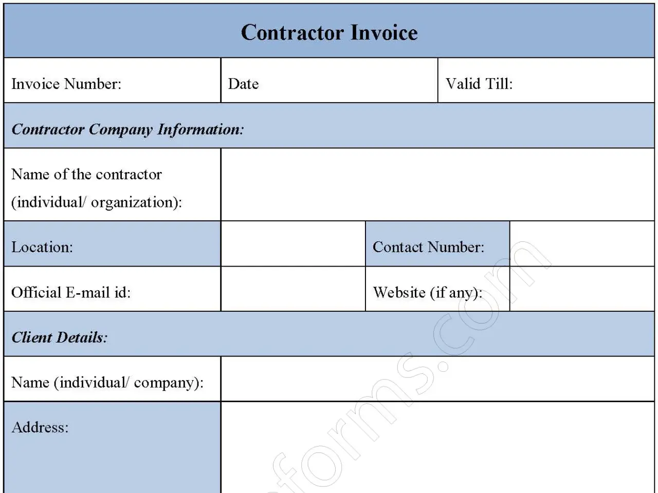 Contractors Invoice Fillable PDF Form