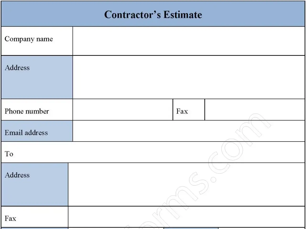 Contractor’s Estimate Fillable PDF Form