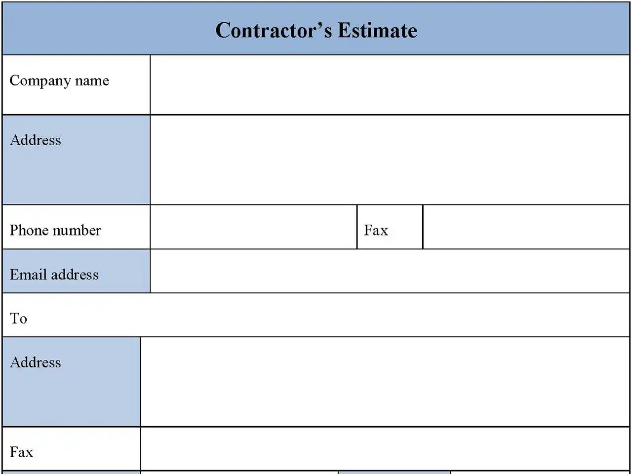 Contractors Estimate Form