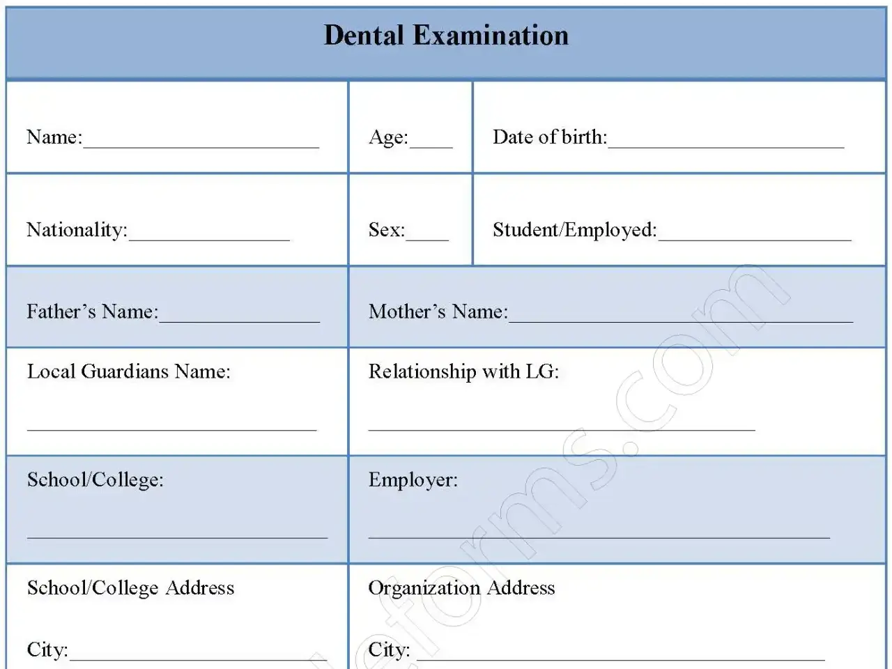 Dental Examination Fillable PDF Form