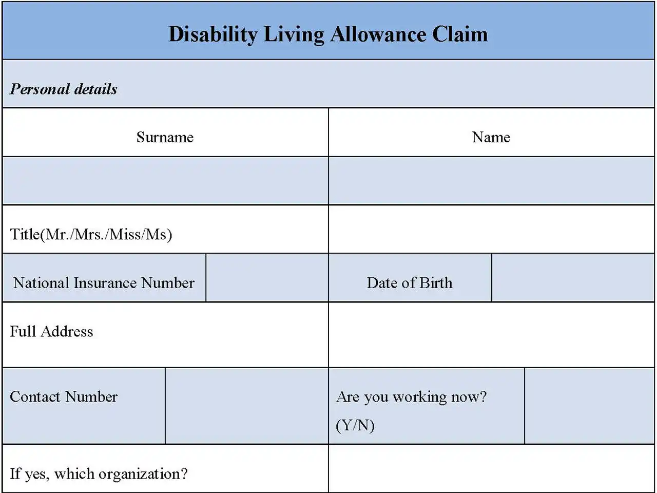 Disability Living Allowance Claim Form Editable PDF Forms