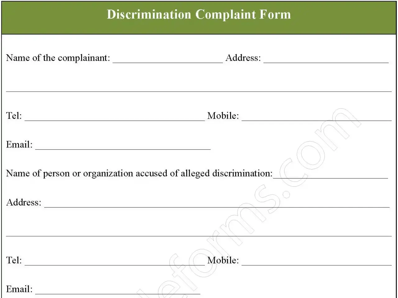 Discrimination Complaint Fillable PDF Form