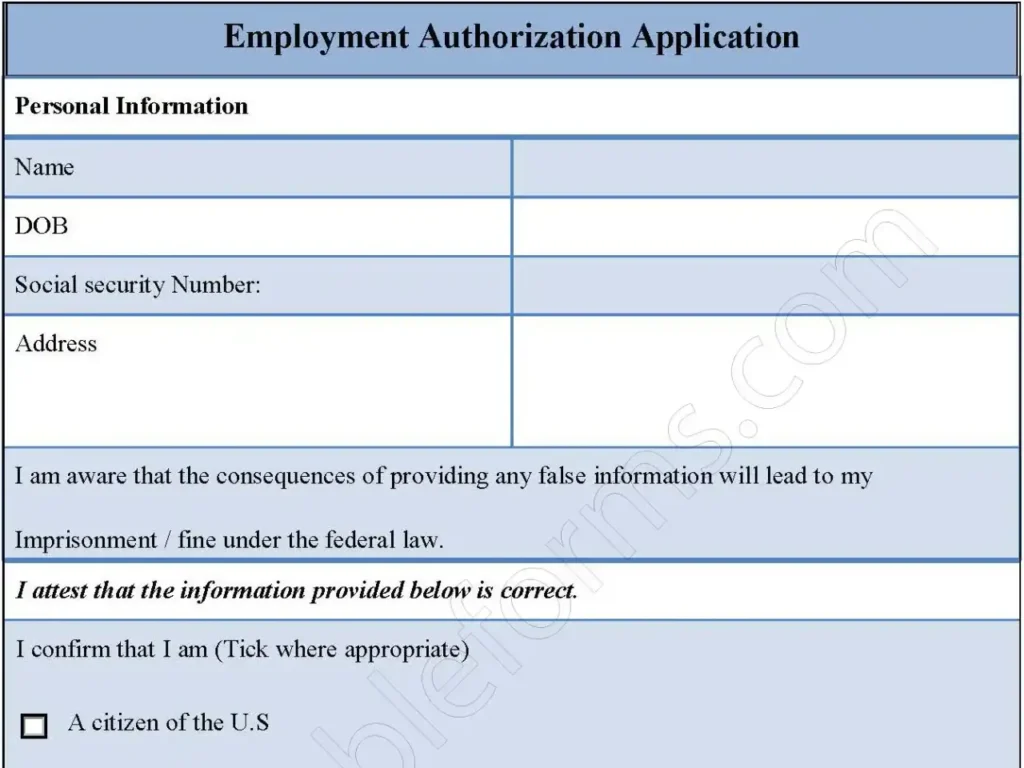 Employment Authorization Application Fillable PDF Form