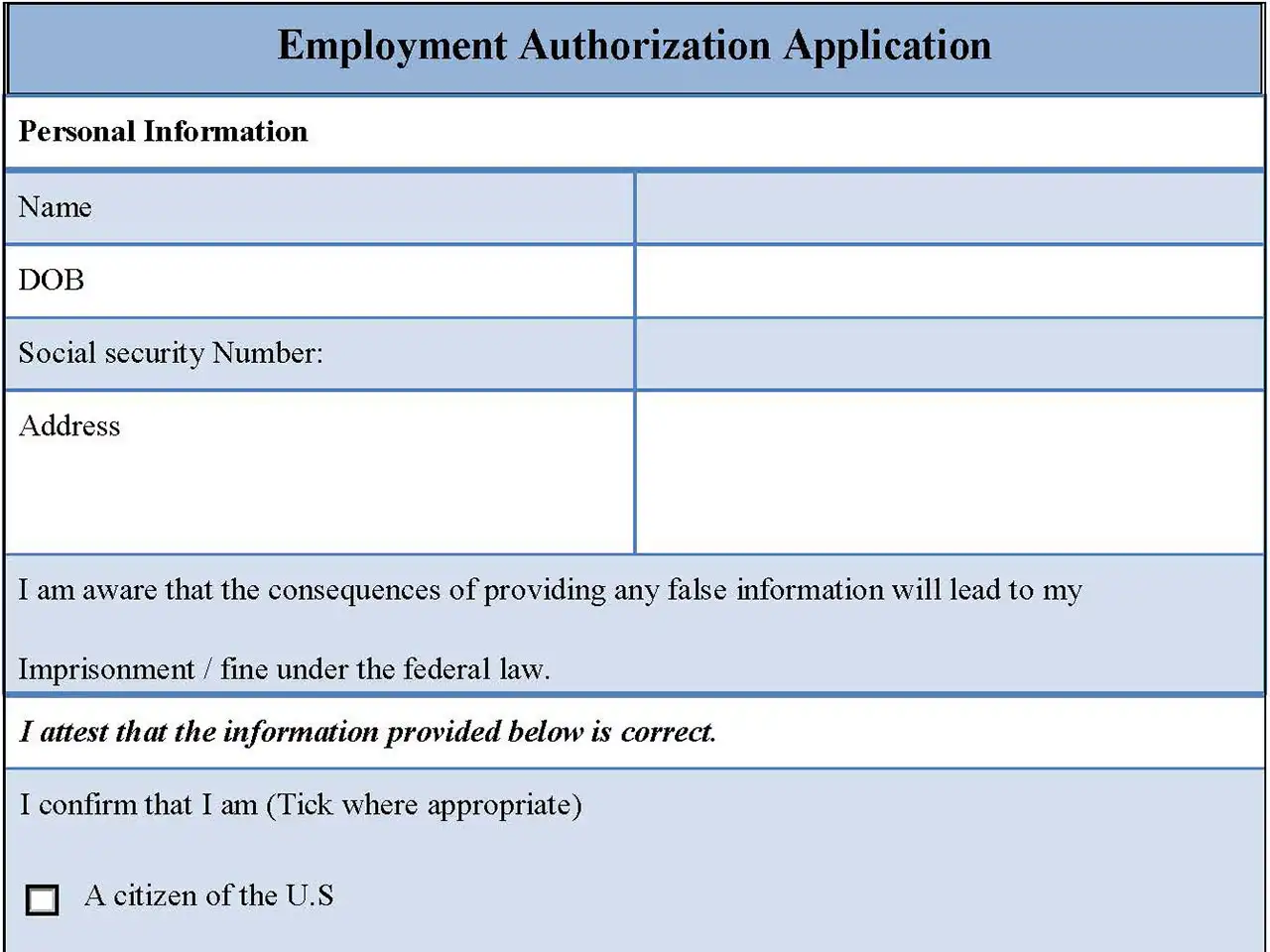 Employment Authorization Application Form Editable Pdf Forms 6826