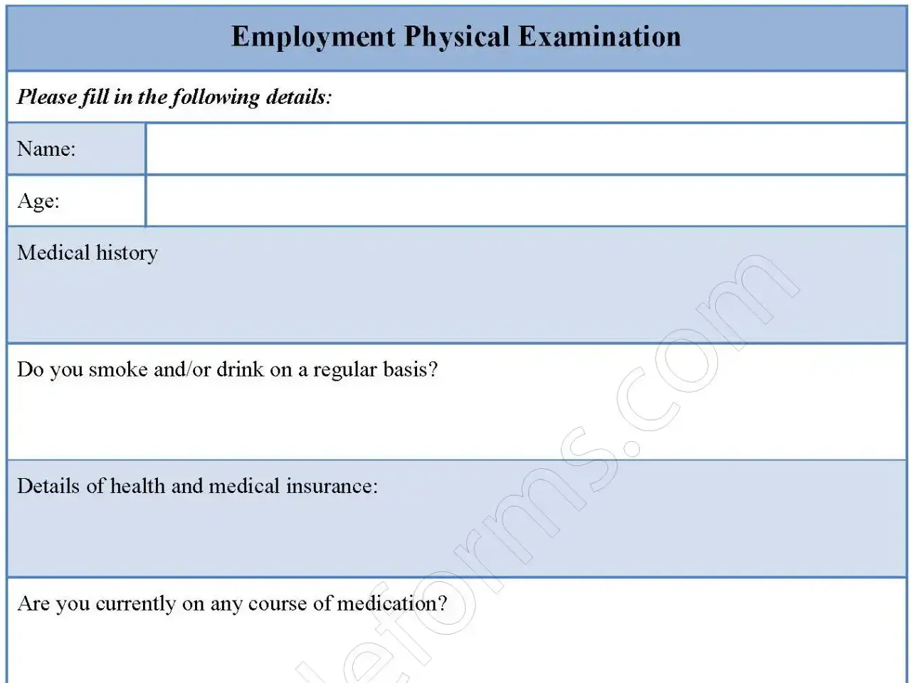 Employment Physical Examination Fillable PDF Form