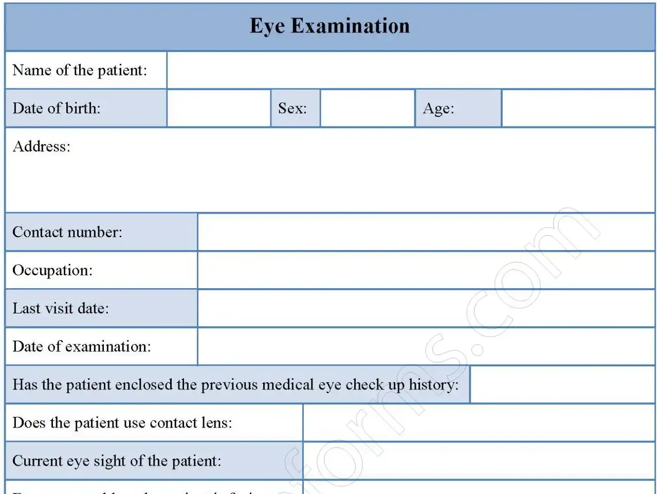 Eye Examination Fillable PDF Form