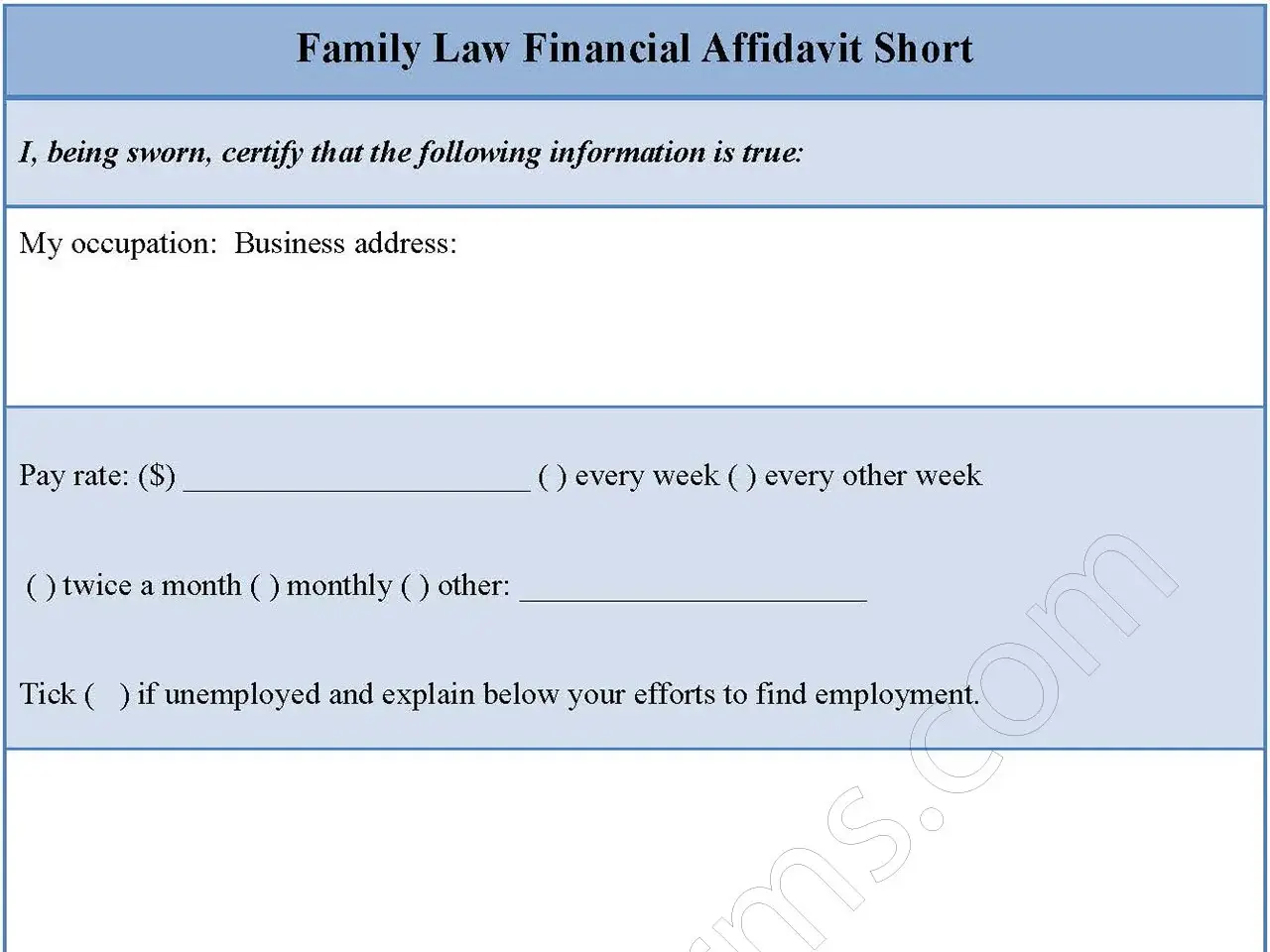 Family Law Financial Affidavit Short Fillable PDF Form