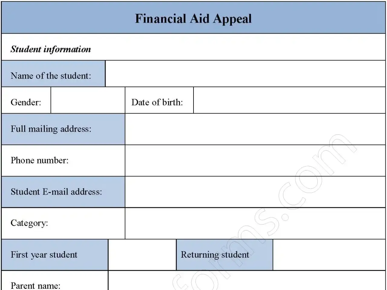 Financial Aid appeal Fillable PDF Form