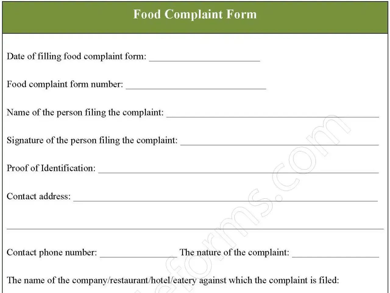 Food Complaint Fillable PDF Form