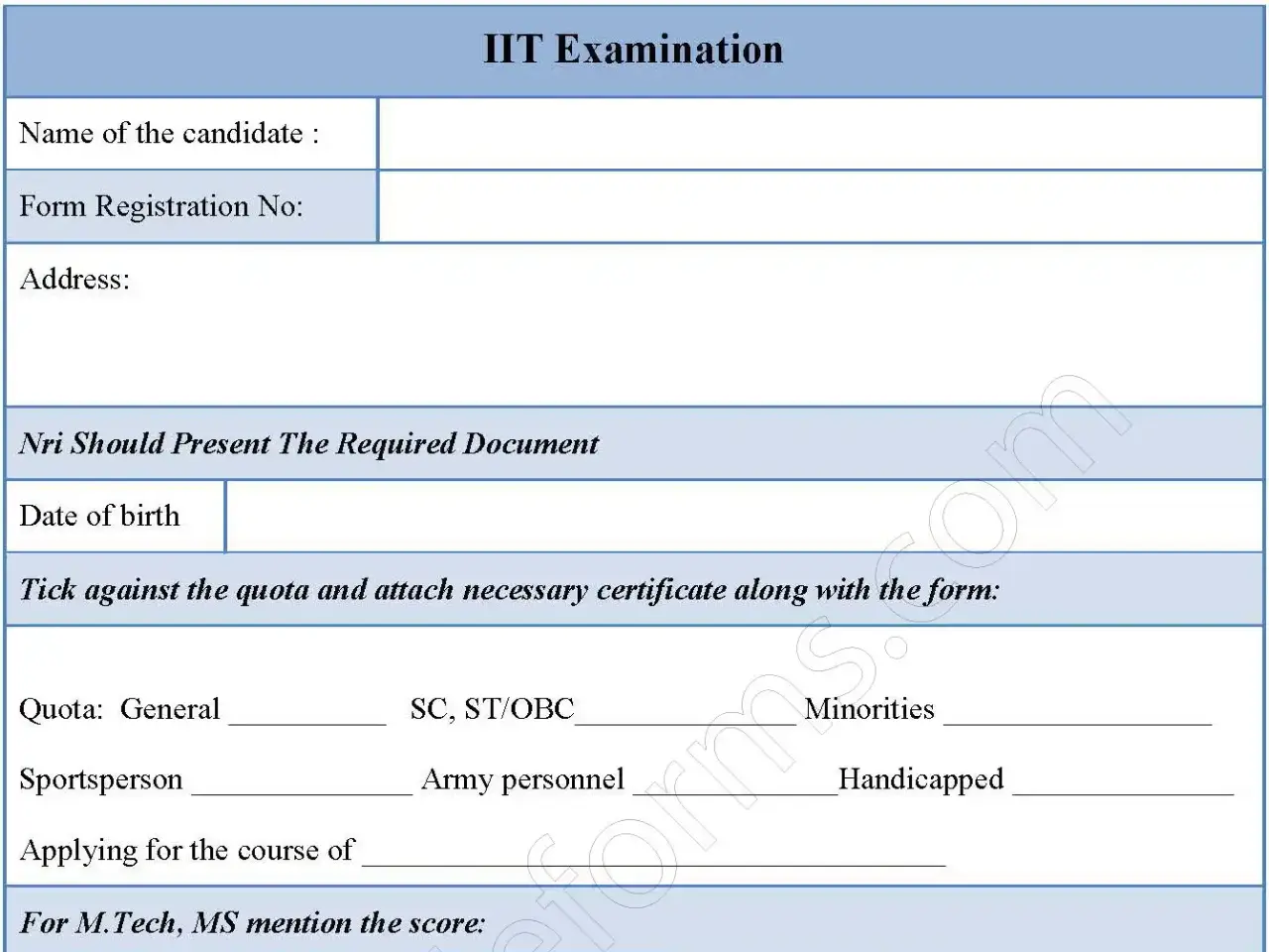 IIT Examination Fillable PDF Form