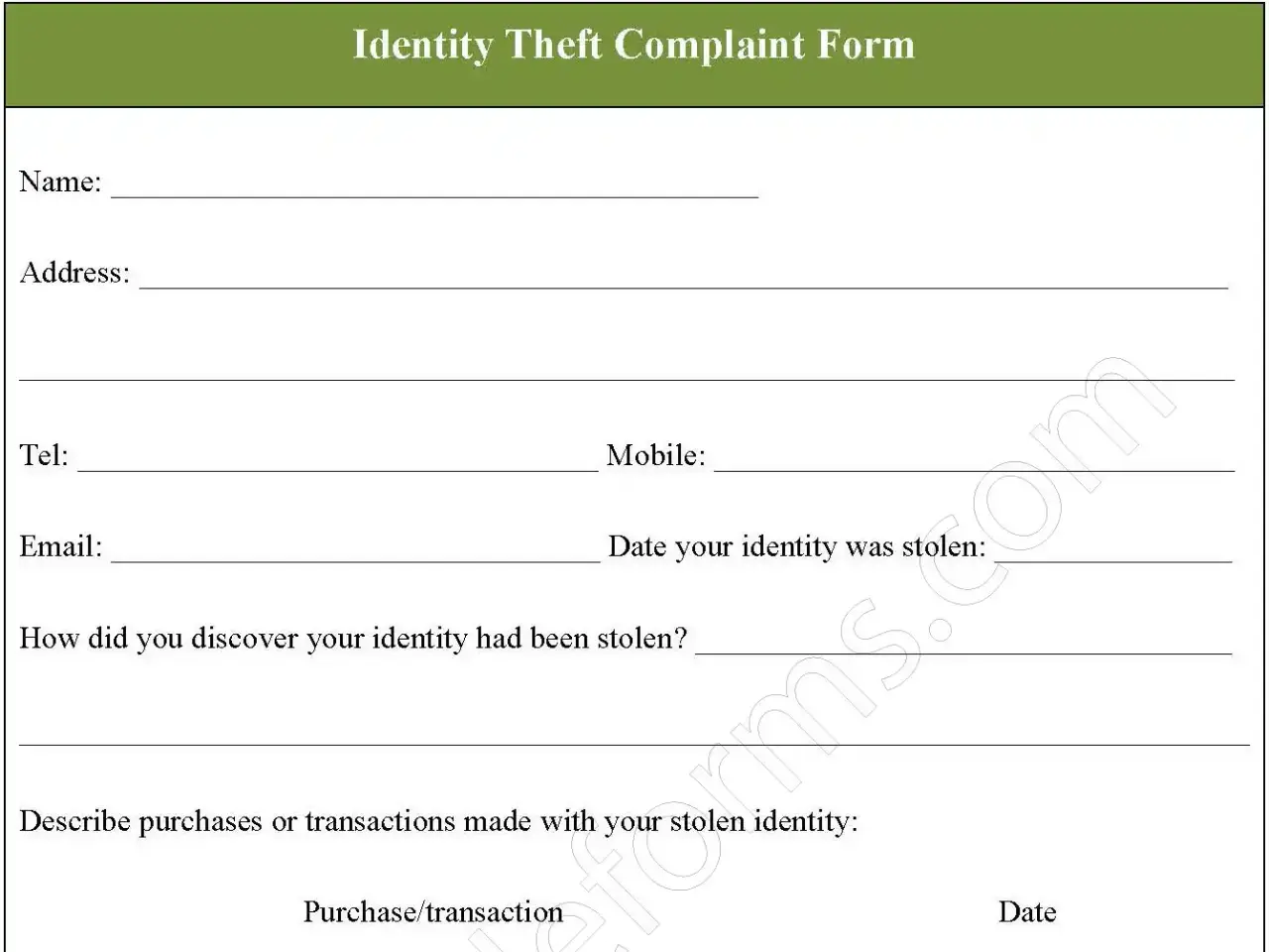 Identity Theft Complaint Fillable PDF Form