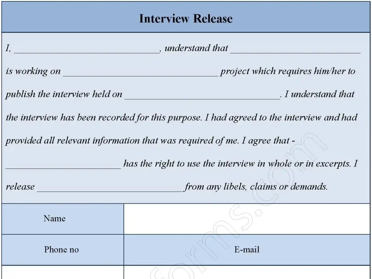 Interview Release Fillable PDF Form