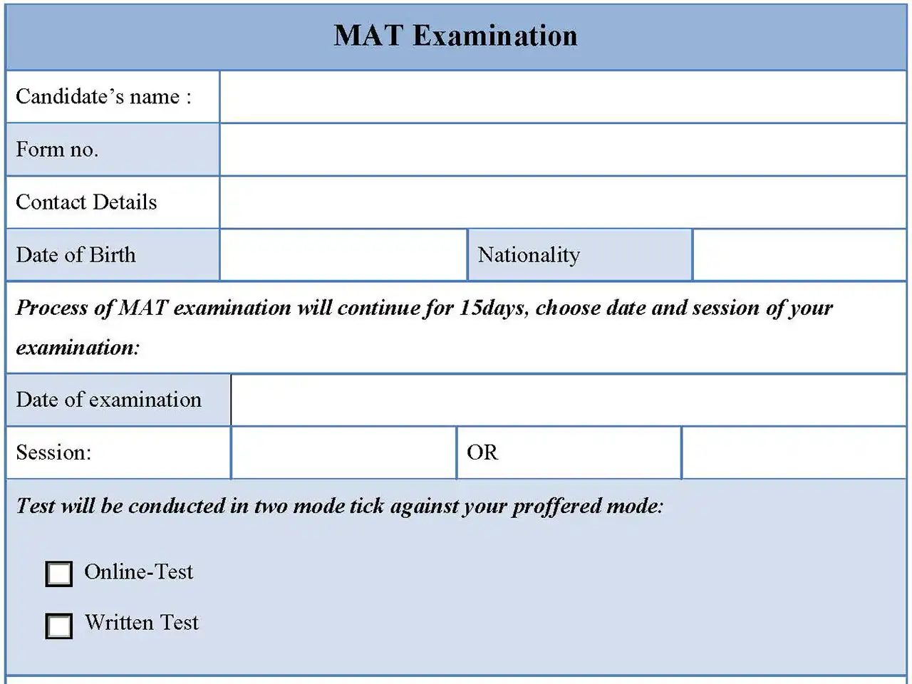 MAT Examination Form