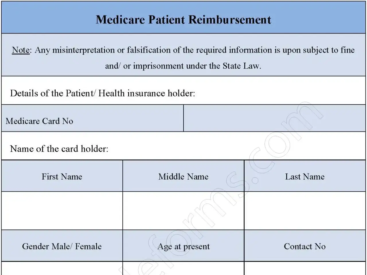 Medicare Patient Reimbursement Fillable PDF Form