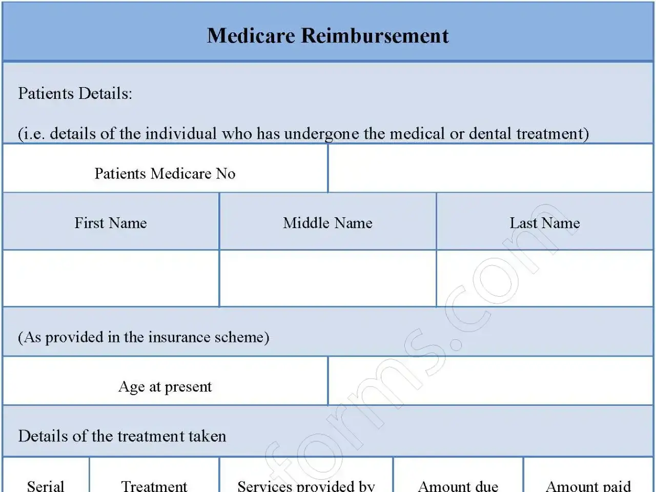 Medicare Reimbursement Fillable PDF Form