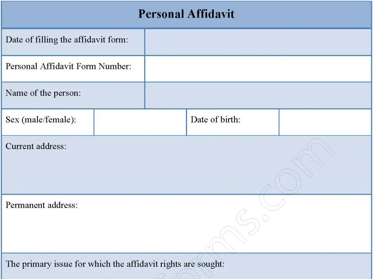 Personal Affidavit Fillable PDF Form