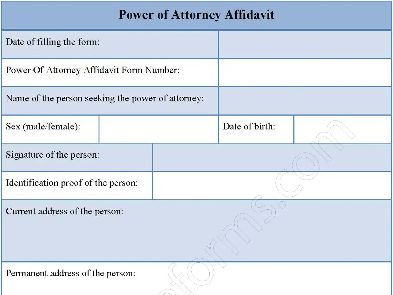 Power of Attorney Affidavit Fillable PDF Form