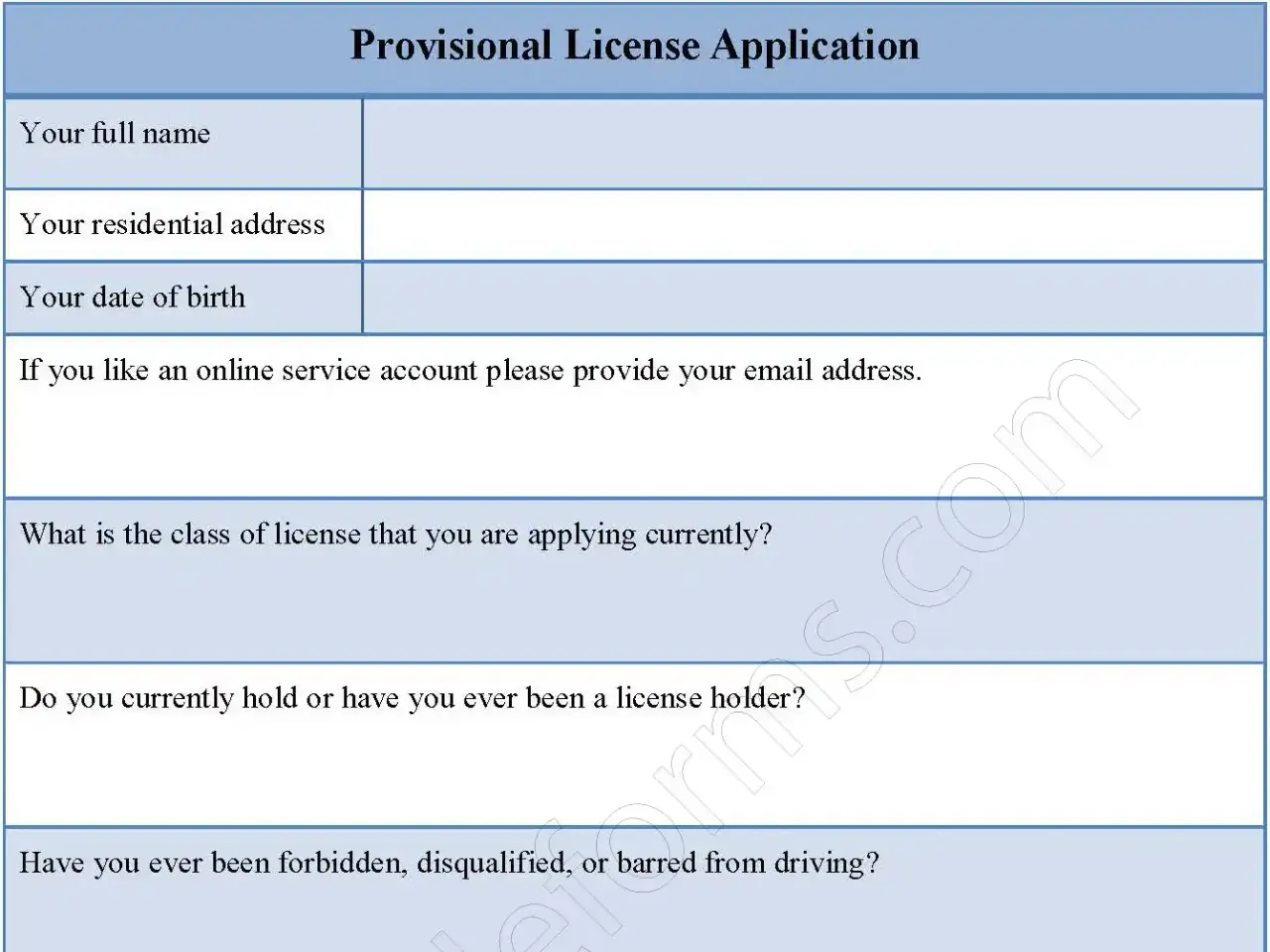 Provisional license application Fillable PDF Form