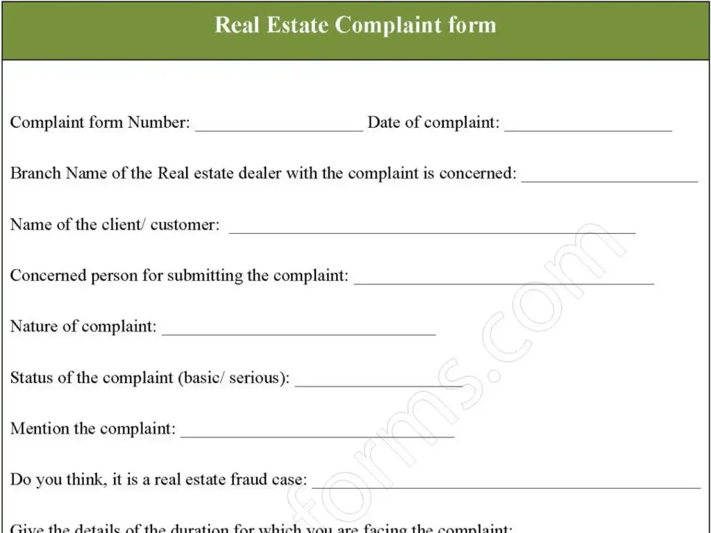 Real Estate Complaint Fillable PDF Form