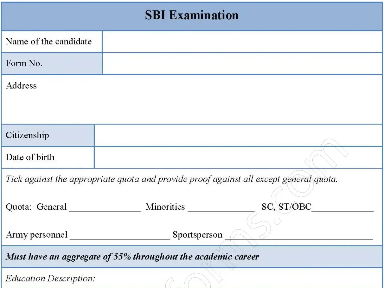 SBI Examination Fillable PDF Form