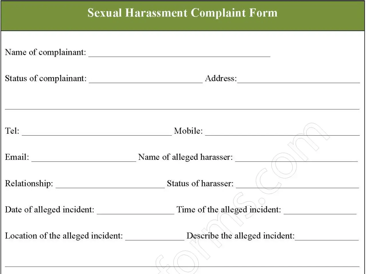 Sexual Harassment Complaint Fillable PDF Form