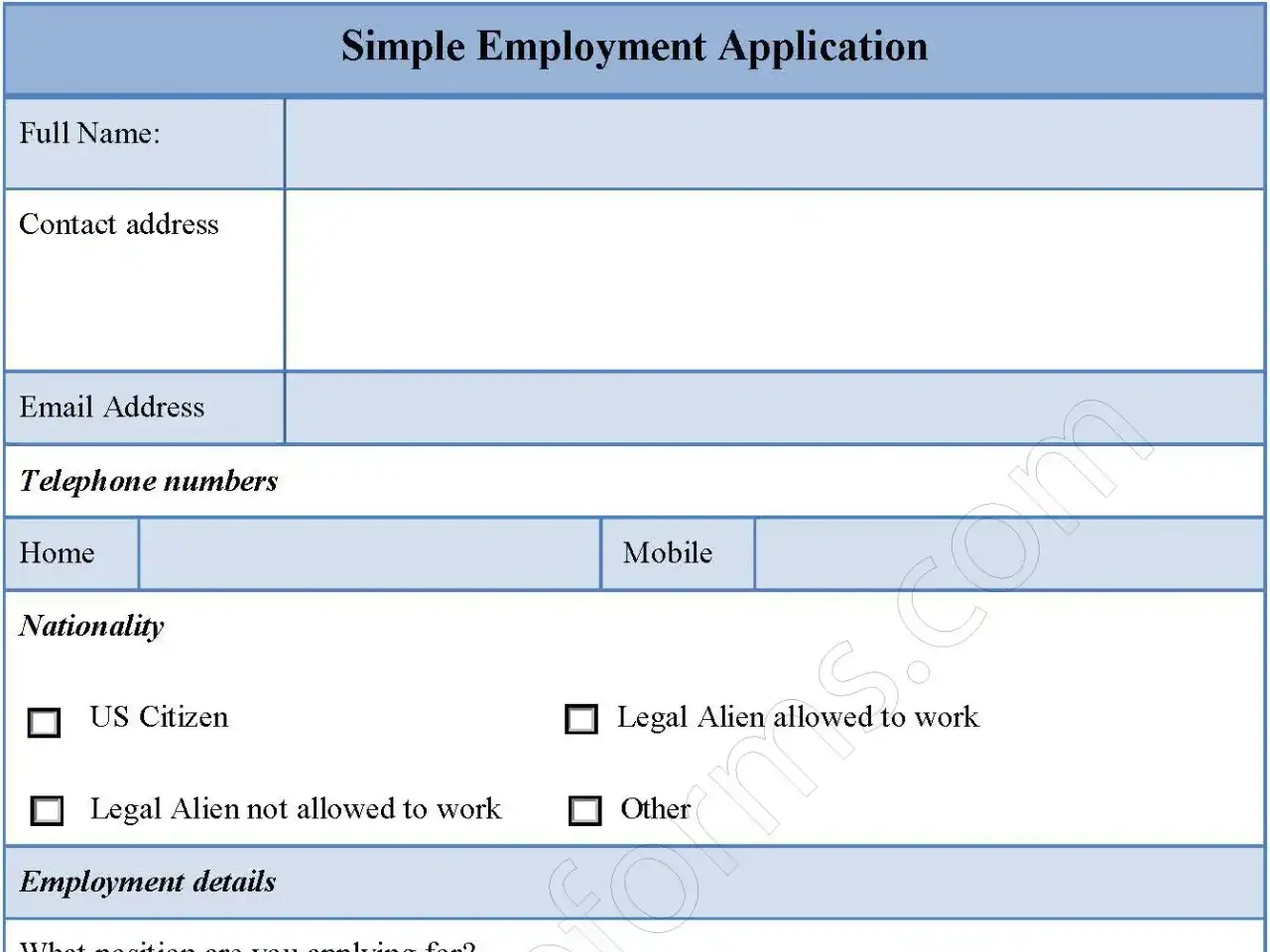 Simple Employment Application Format Fillable PDF Form