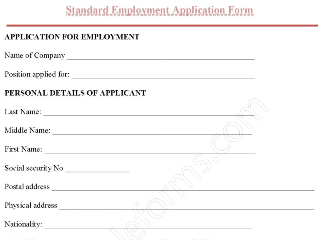 Standard Employment Application Fillable PDF Form