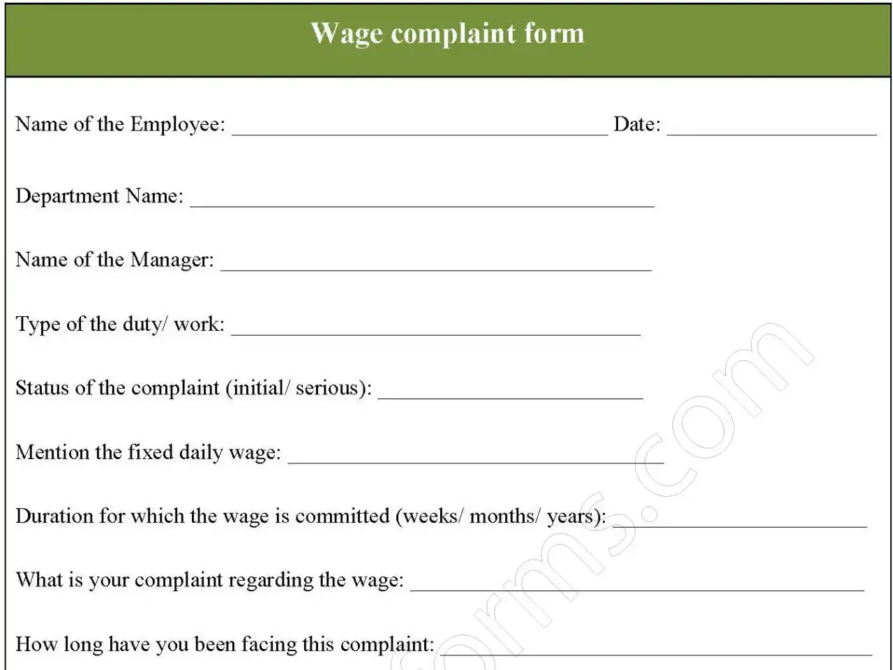 Wage complaint Fillable PDF Form