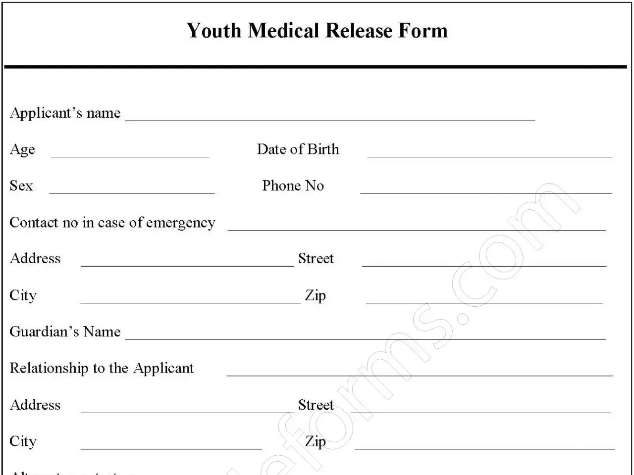 Youth Medical Release Fillable PDF Form