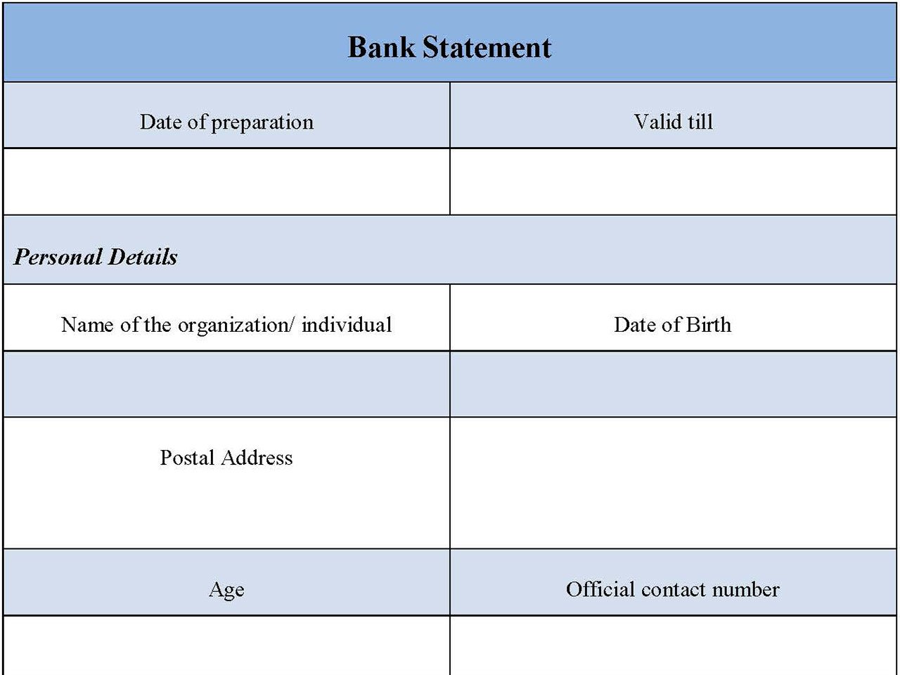 Bank Statement Fillable PDF Form