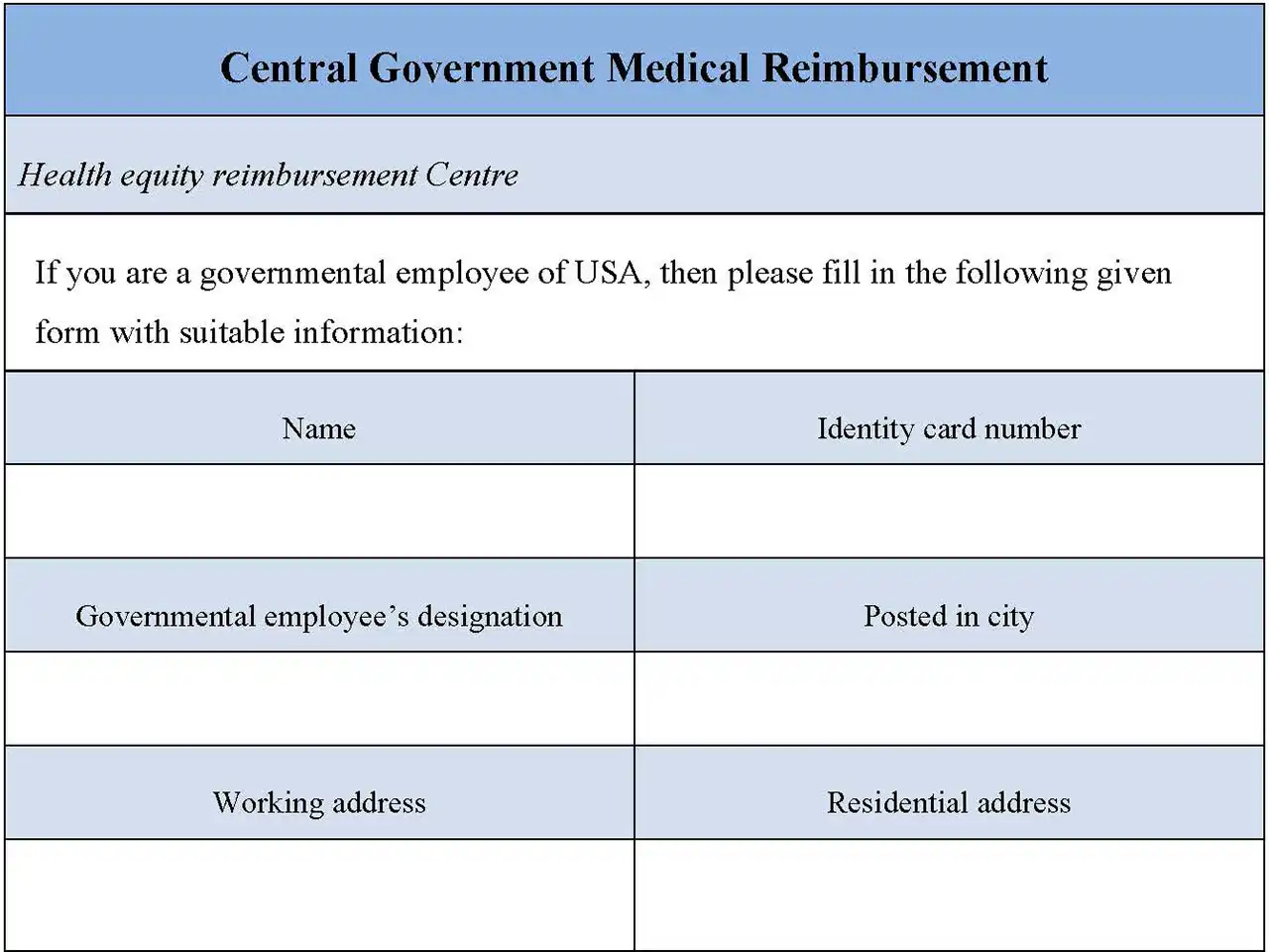 Central Government Medical Reimbursement Fillable PDF Form