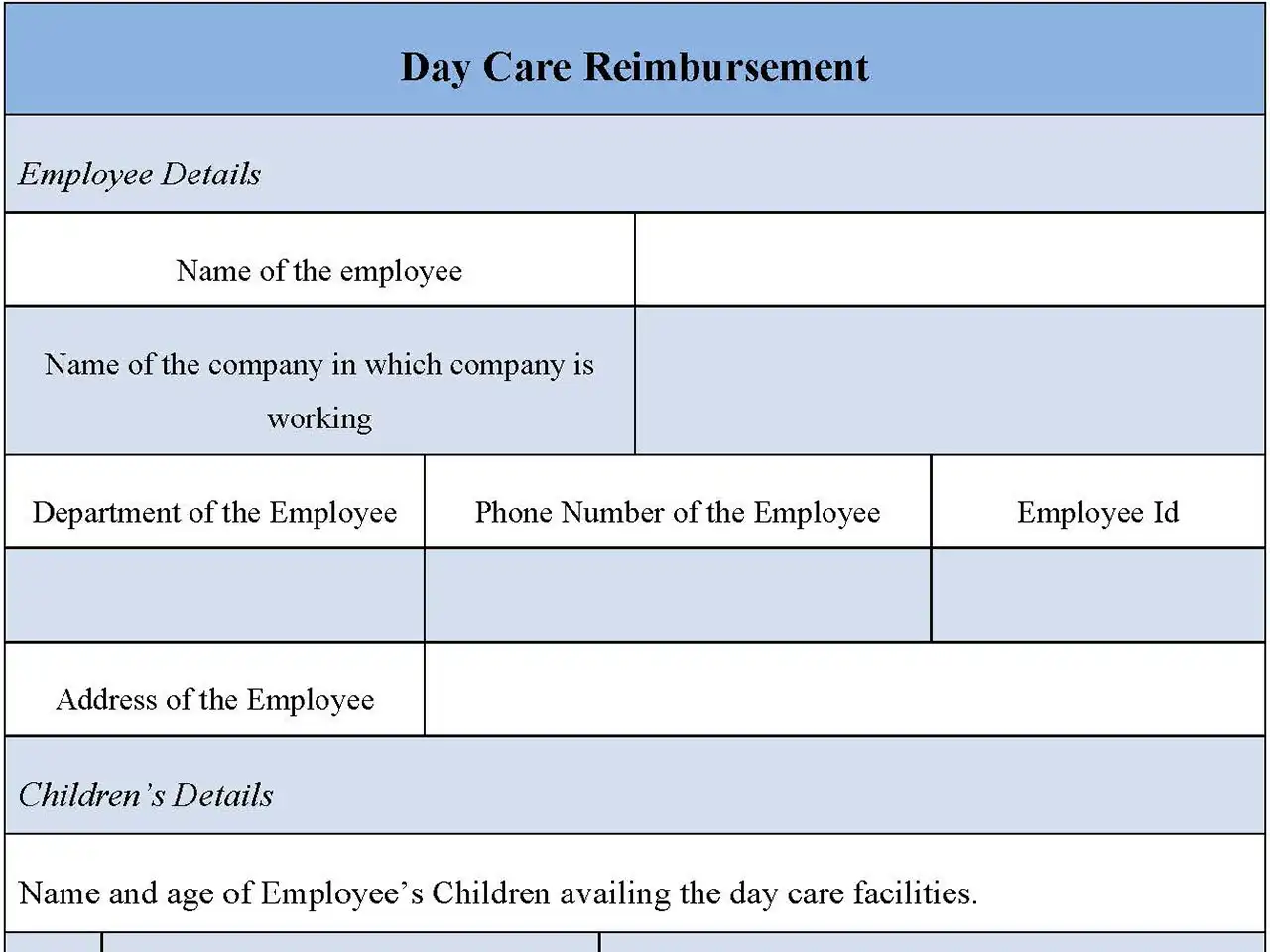Day Care Reimbursement Fillable PDF Form