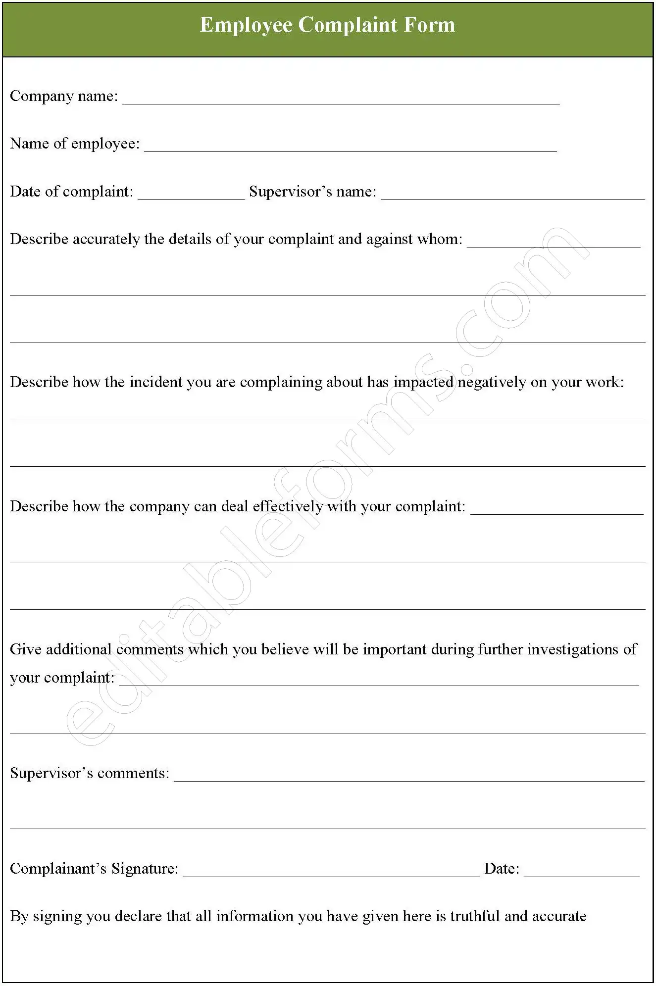 Employee Complaint Fillable PDF Form