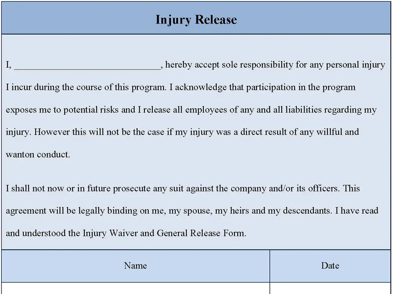 Injury Release Form
