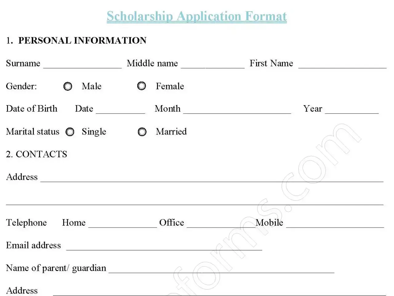 Scholarship Application Format Fillable PDF Form