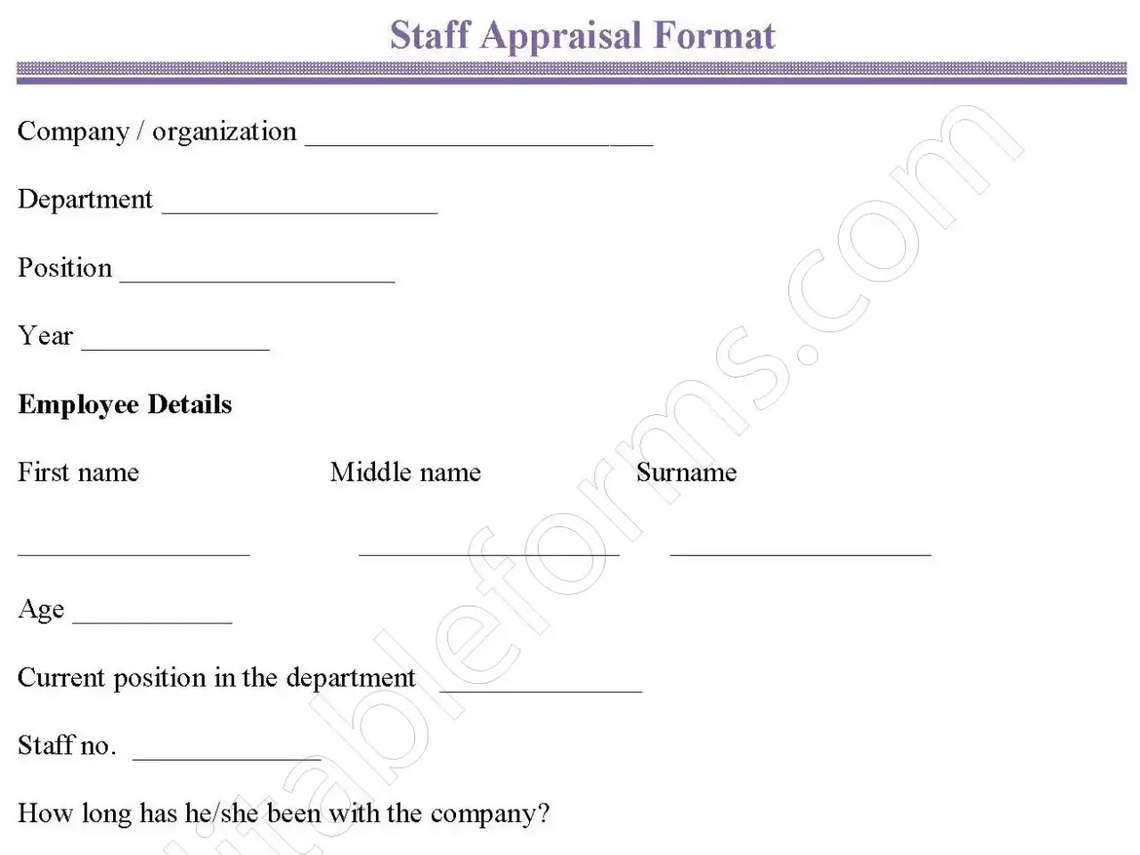 Staff Appraisal Format Fillable PDF Form