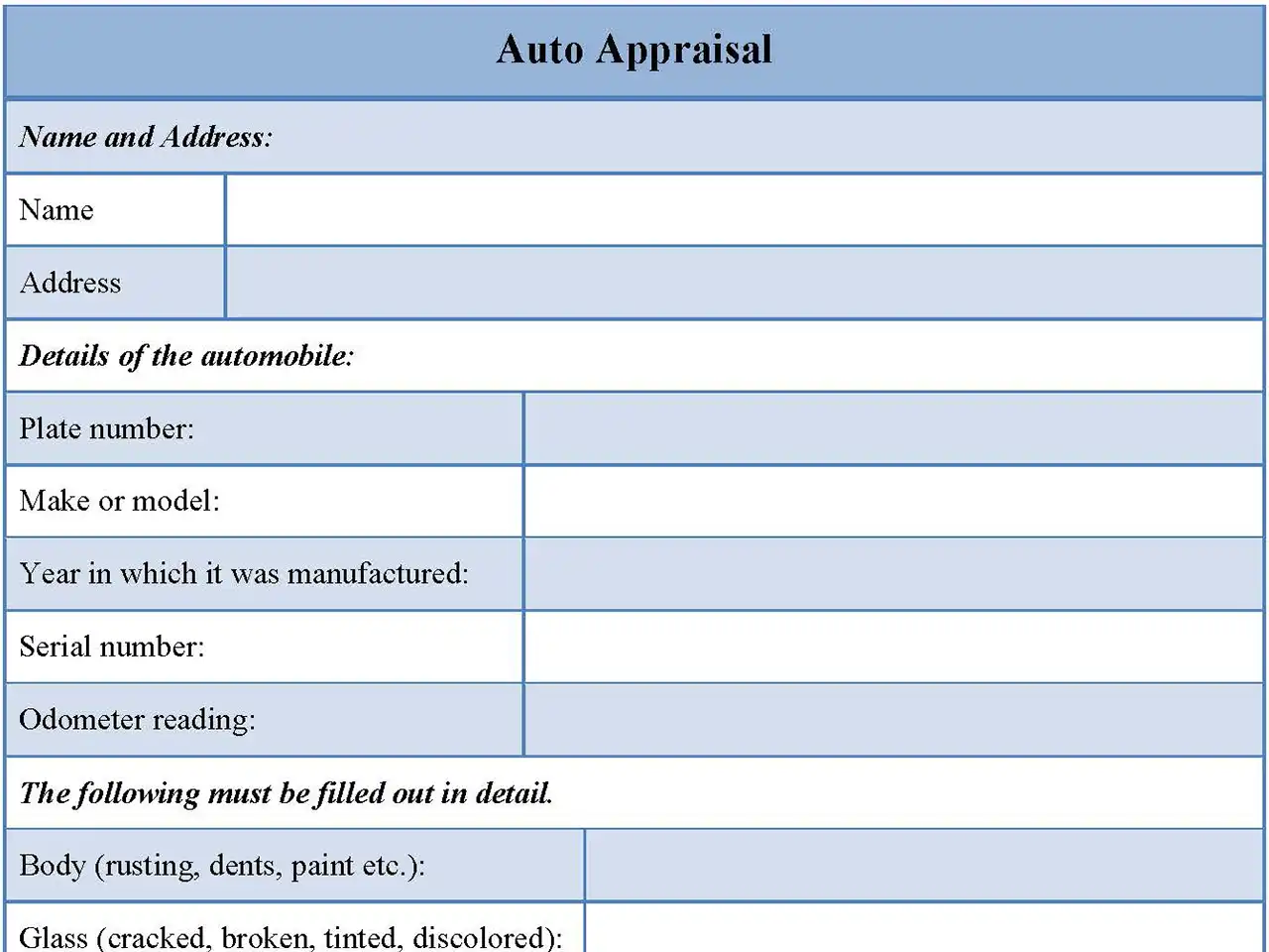 Auto Appraisal Fillable PDF Form And Word Document
