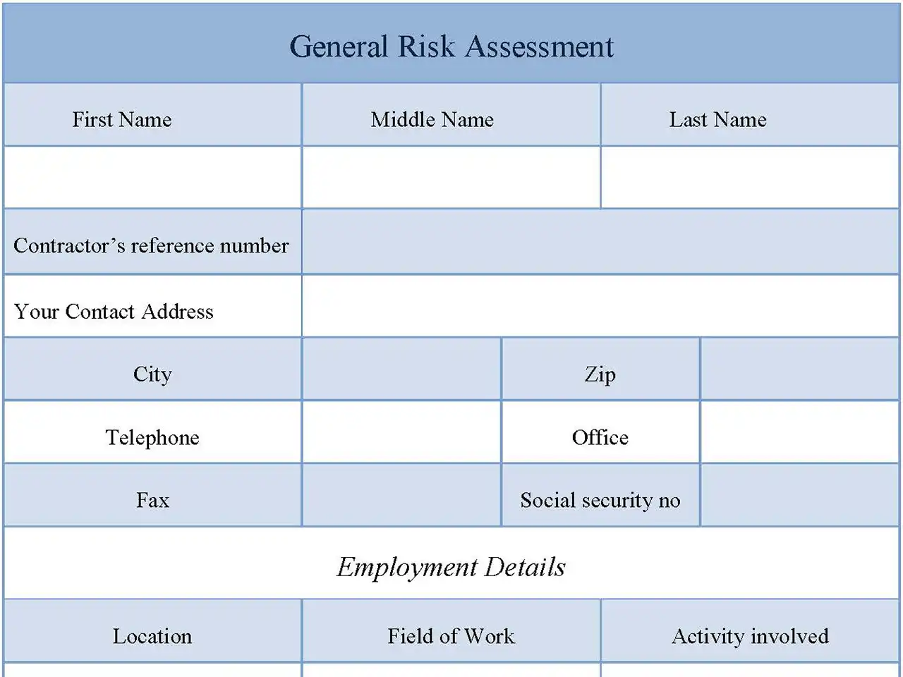 General Risk Assessment Fillable PDF Form And Word Document