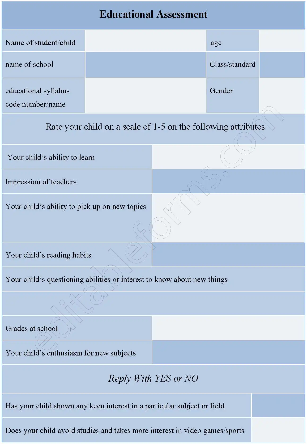 Educational Assessment Fillable PDF Form