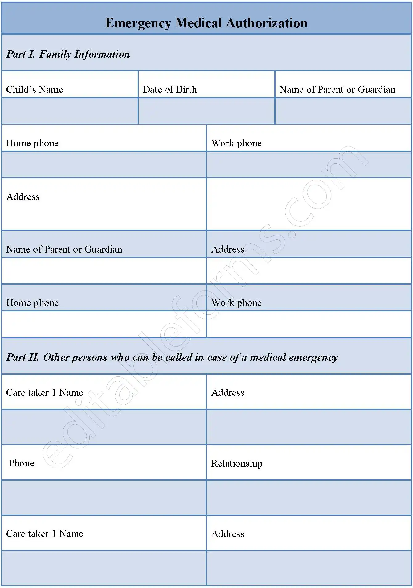 Emergency Medical Authorization Fillable PDF Form