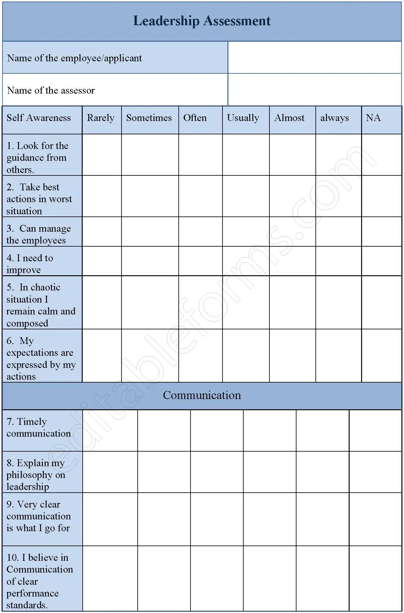Leadership Assessment Fillable PDF Form
